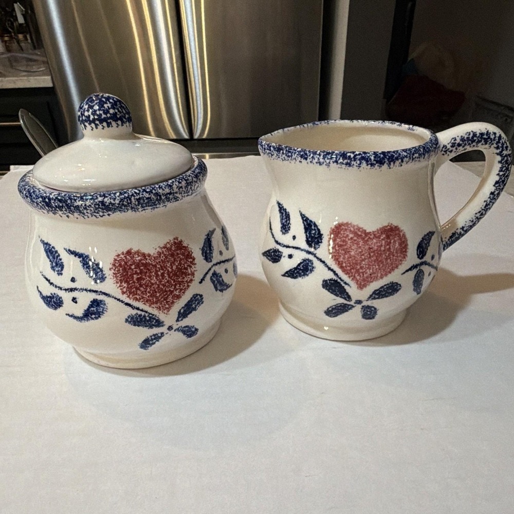 Youngs Creamer & Sugar Set w Lid & Spoon Ceramic Floral Country White Blue Red